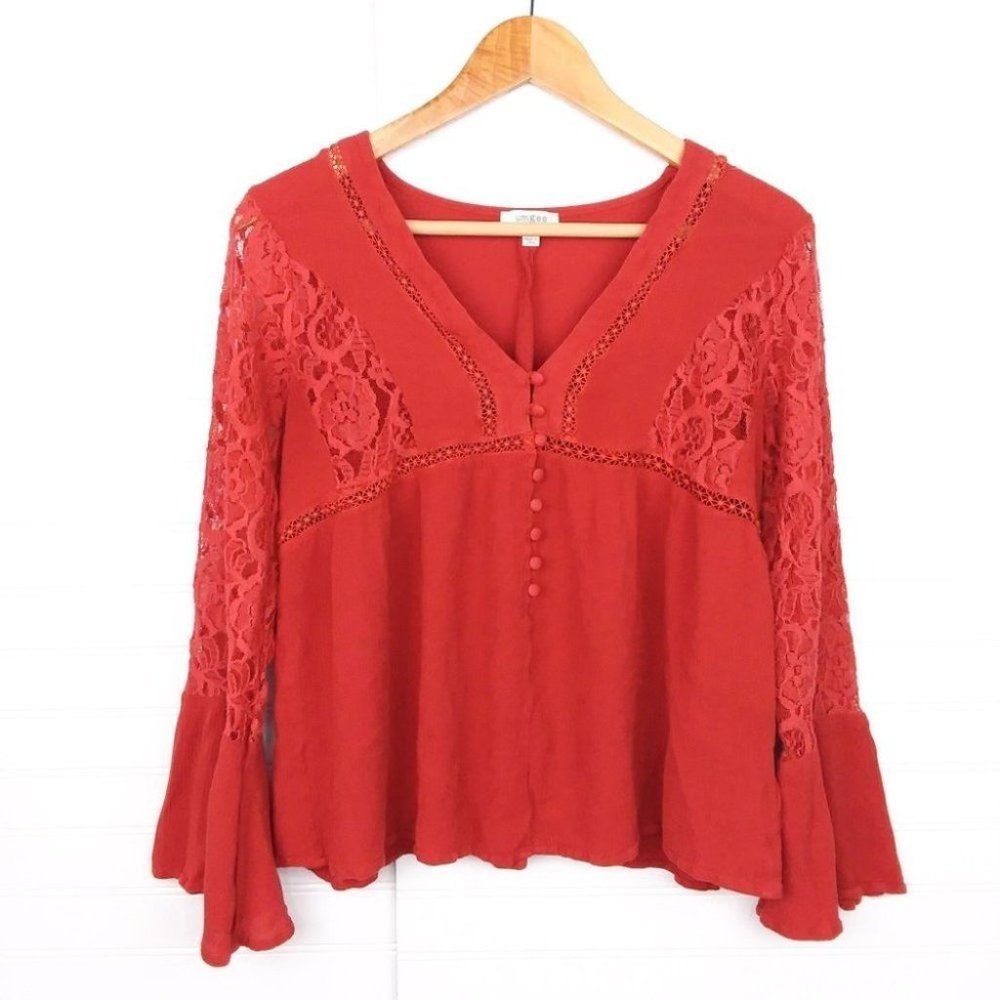 Umgee Red Lace Panels Wide Flare Sleeves Blouse